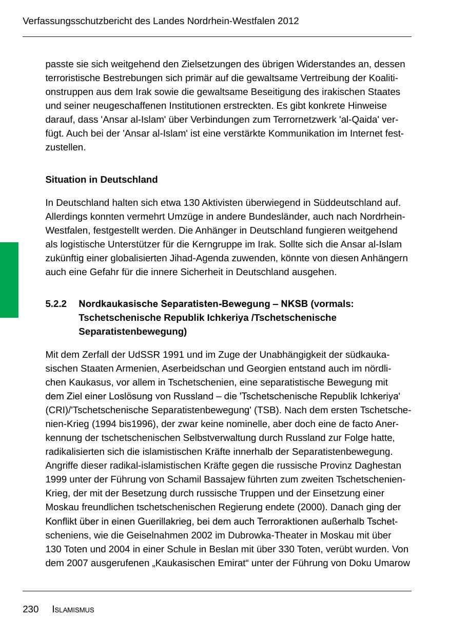 Seite 232 des Verfassungsschutzbericht 2012 Nordrhein-Westfalen