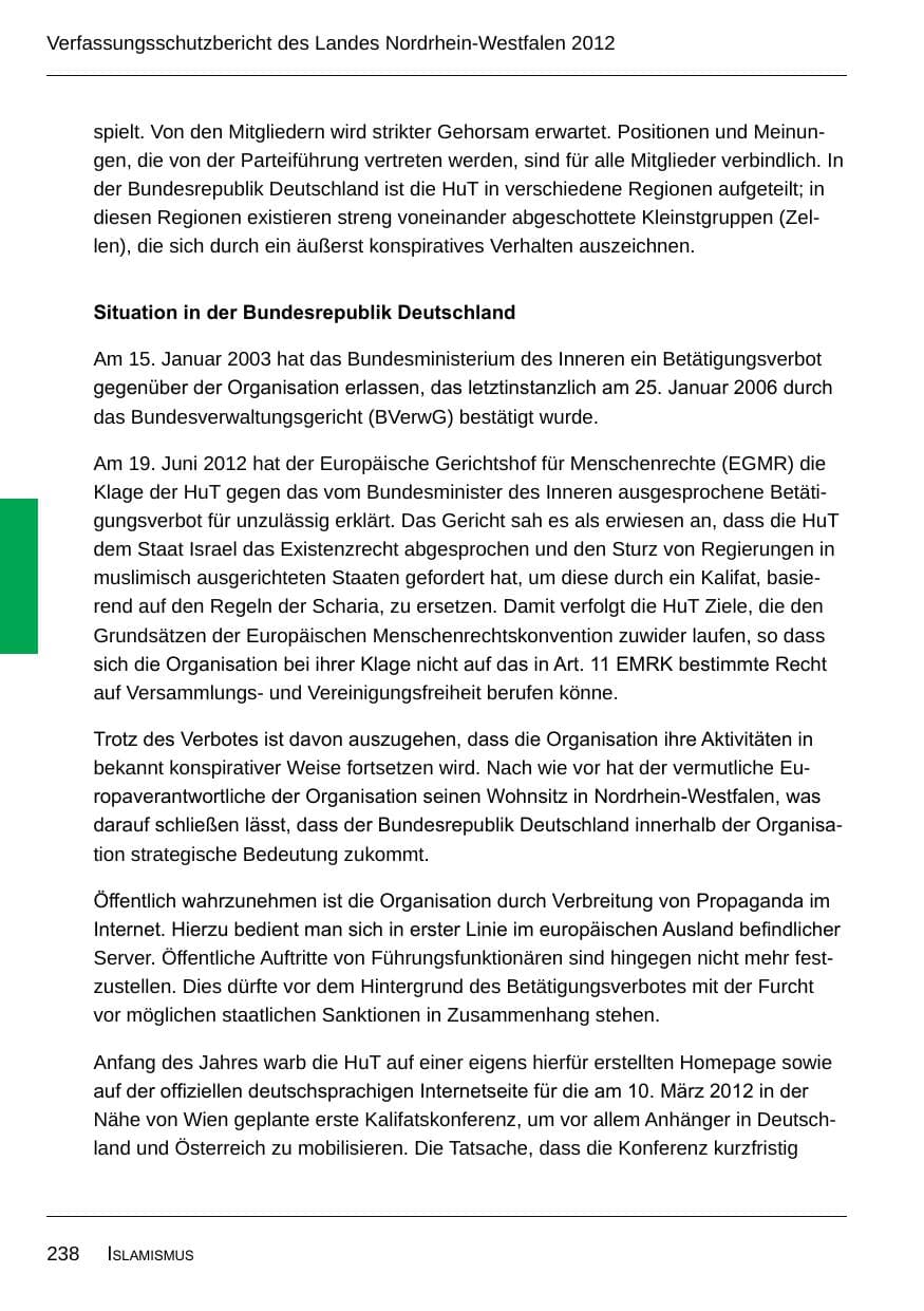 Seite 240 des Verfassungsschutzbericht 2012 Nordrhein-Westfalen
