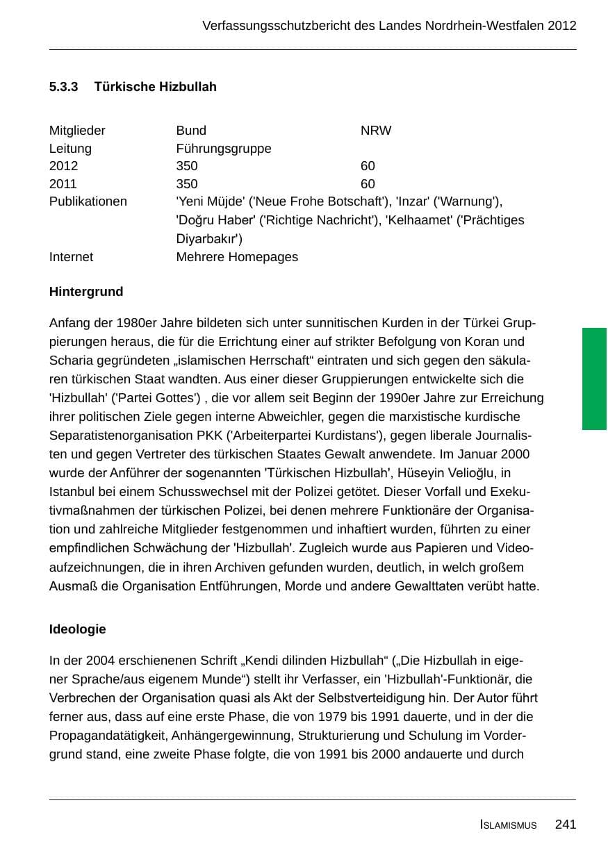 Seite 243 des Verfassungsschutzbericht 2012 Nordrhein-Westfalen