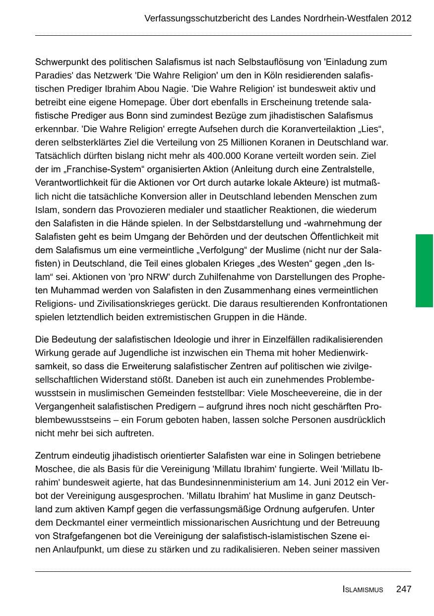 Seite 249 des Verfassungsschutzbericht 2012 Nordrhein-Westfalen