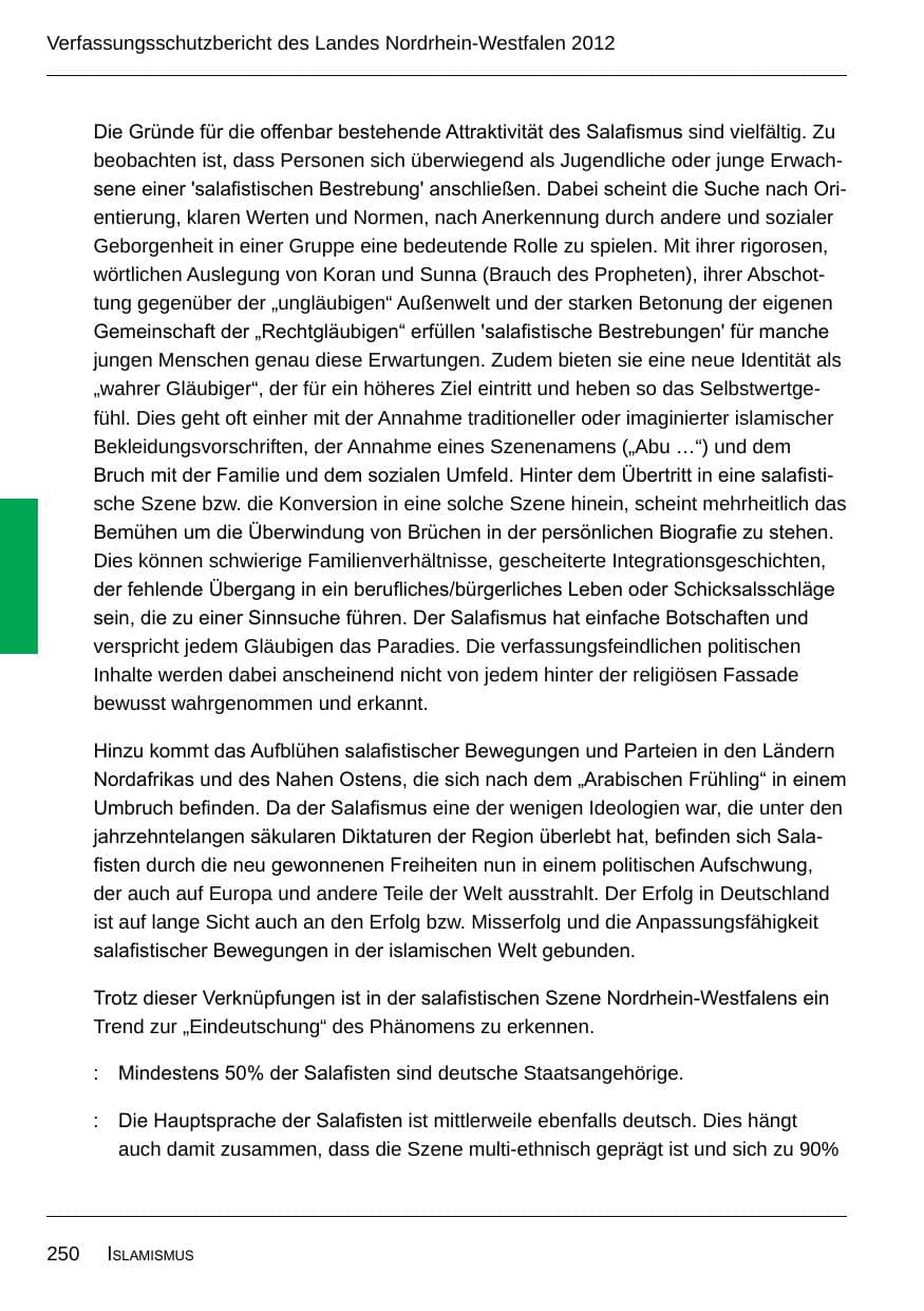 Seite 252 des Verfassungsschutzbericht 2012 Nordrhein-Westfalen