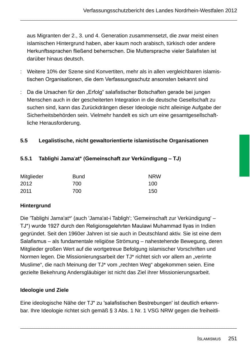 Seite 253 des Verfassungsschutzbericht 2012 Nordrhein-Westfalen