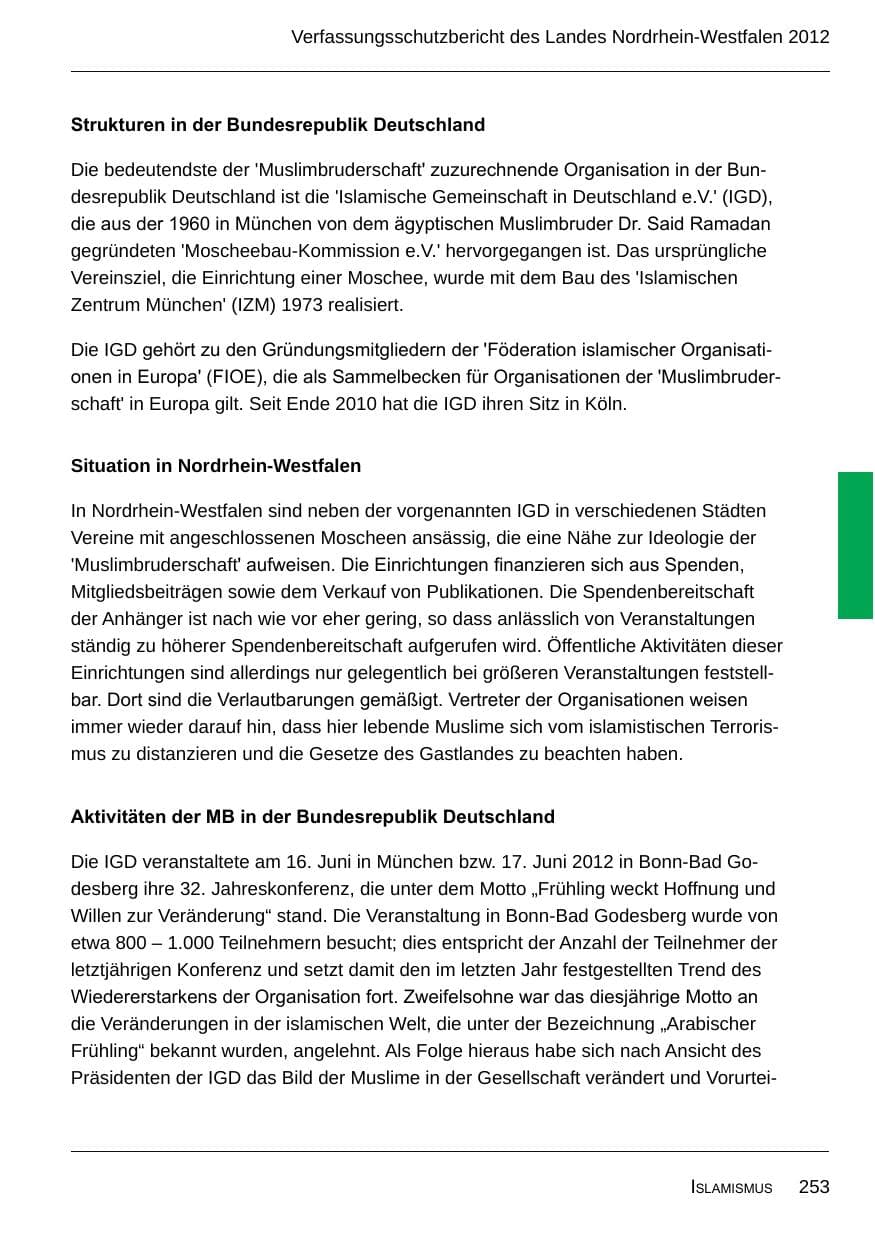 Seite 255 des Verfassungsschutzbericht 2012 Nordrhein-Westfalen