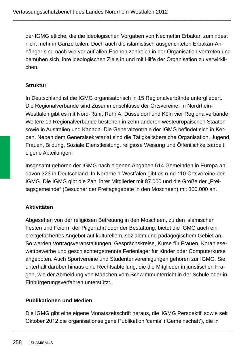 Seite 260 des Verfassungsschutzbericht 2012 Nordrhein-Westfalen