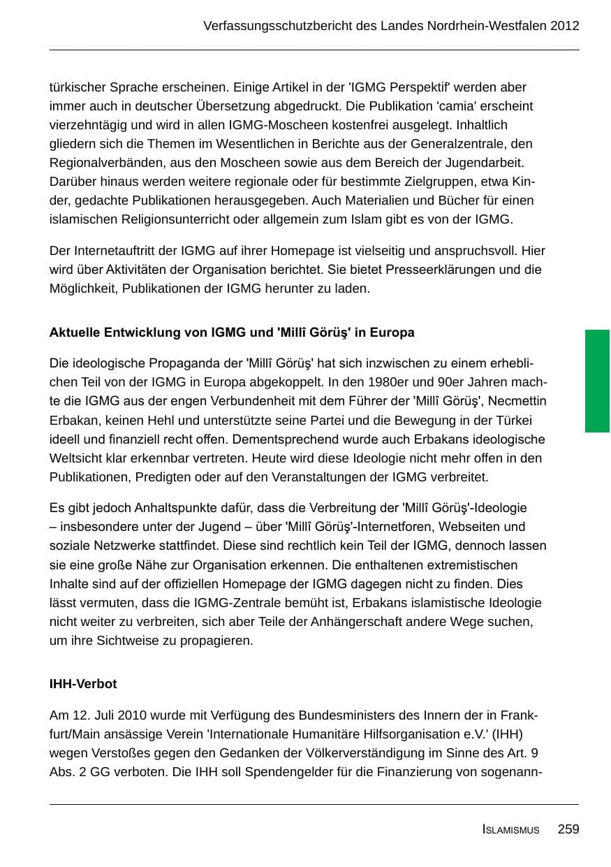Seite 261 des Verfassungsschutzbericht 2012 Nordrhein-Westfalen