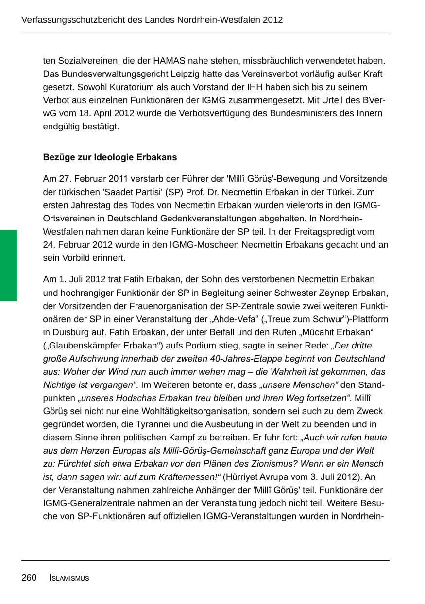 Seite 262 des Verfassungsschutzbericht 2012 Nordrhein-Westfalen