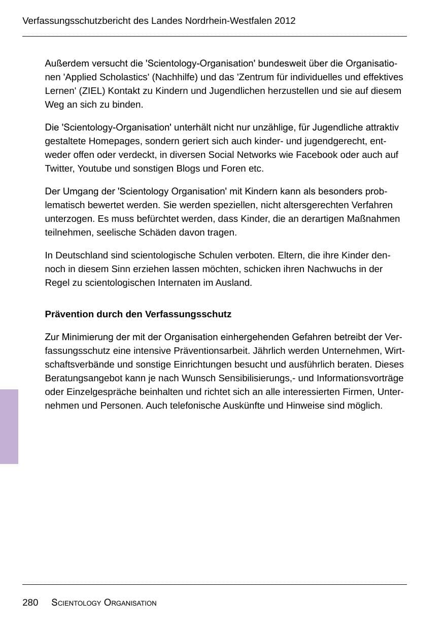 Seite 282 des Verfassungsschutzbericht 2012 Nordrhein-Westfalen