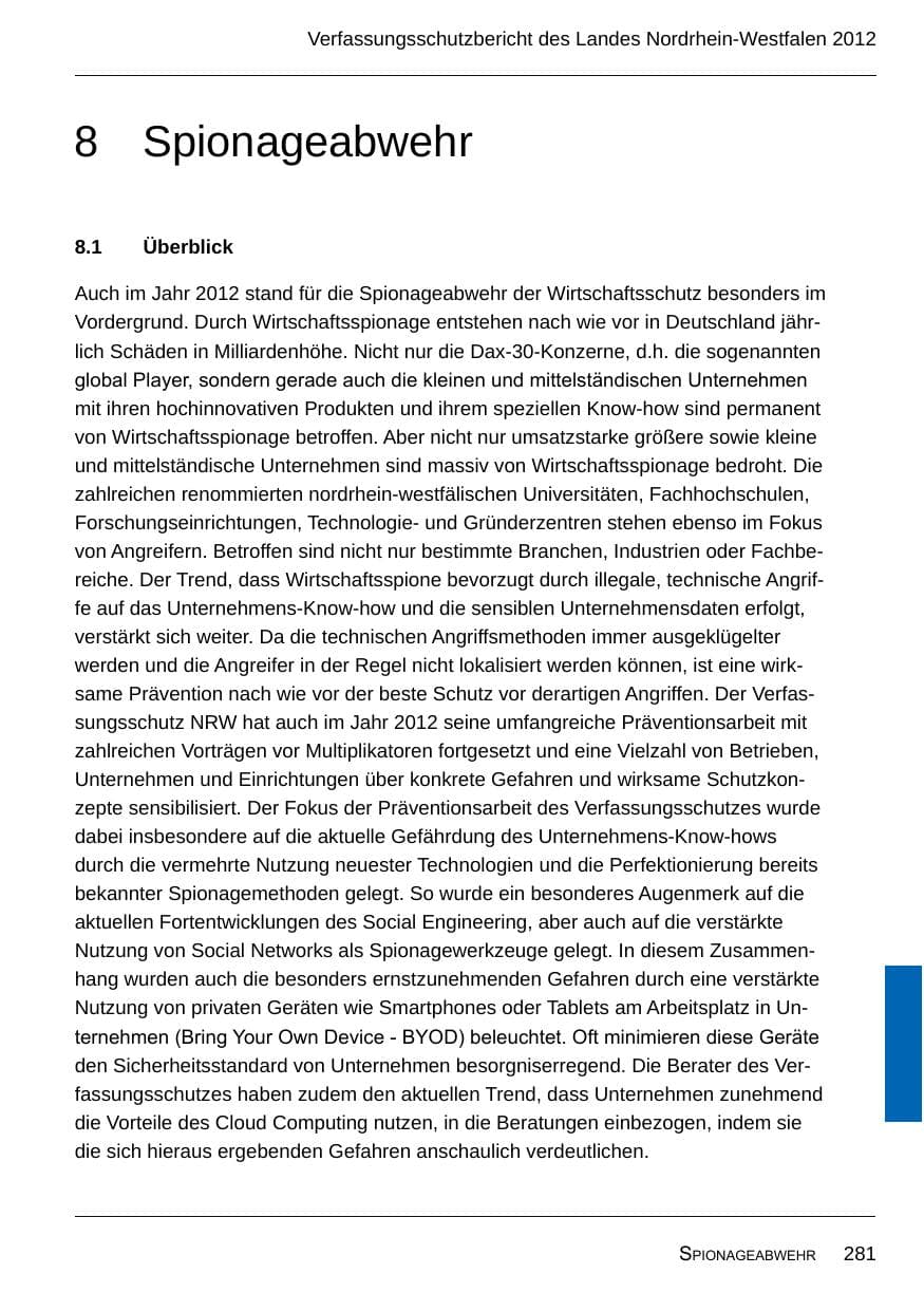 Seite 283 des Verfassungsschutzbericht 2012 Nordrhein-Westfalen