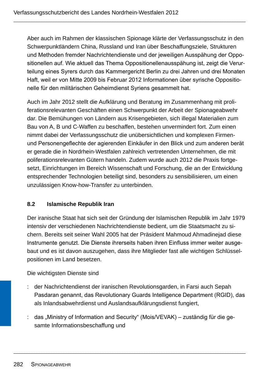 Seite 284 des Verfassungsschutzbericht 2012 Nordrhein-Westfalen