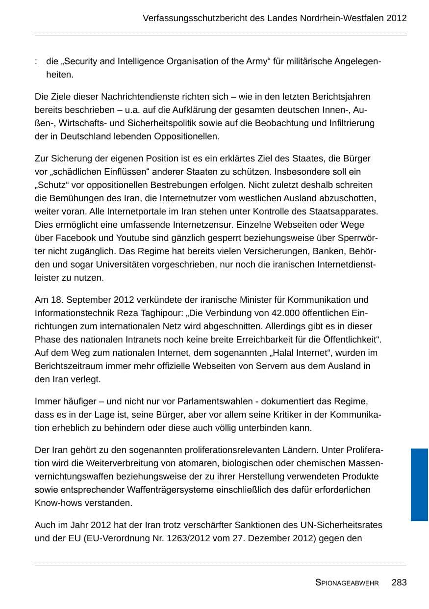 Seite 285 des Verfassungsschutzbericht 2012 Nordrhein-Westfalen