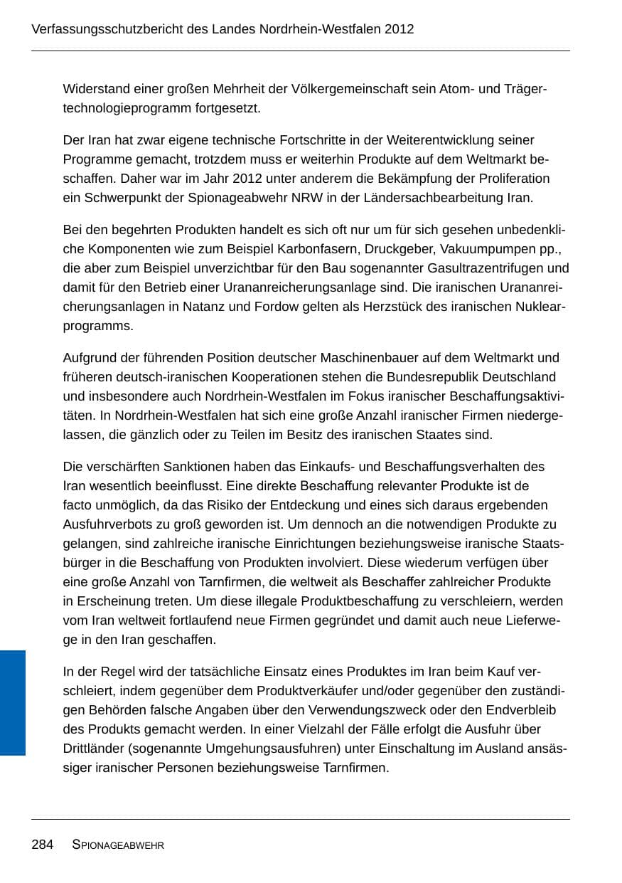 Seite 286 des Verfassungsschutzbericht 2012 Nordrhein-Westfalen