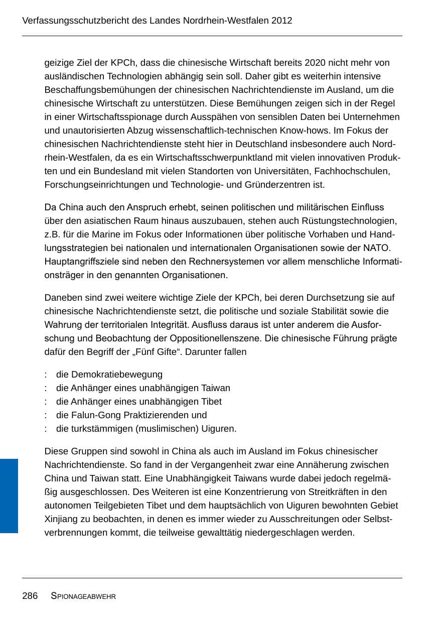Seite 288 des Verfassungsschutzbericht 2012 Nordrhein-Westfalen