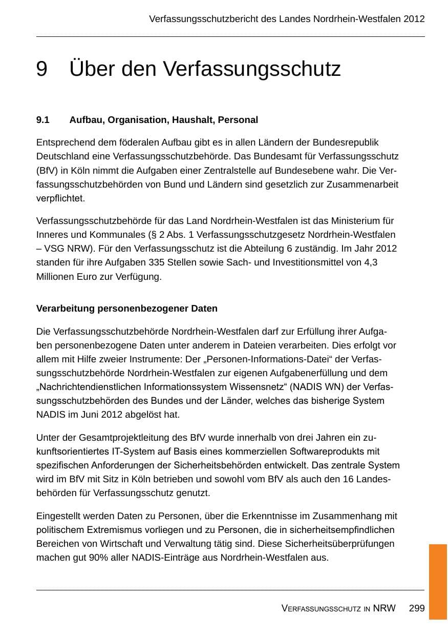 Seite 301 des Verfassungsschutzbericht 2012 Nordrhein-Westfalen