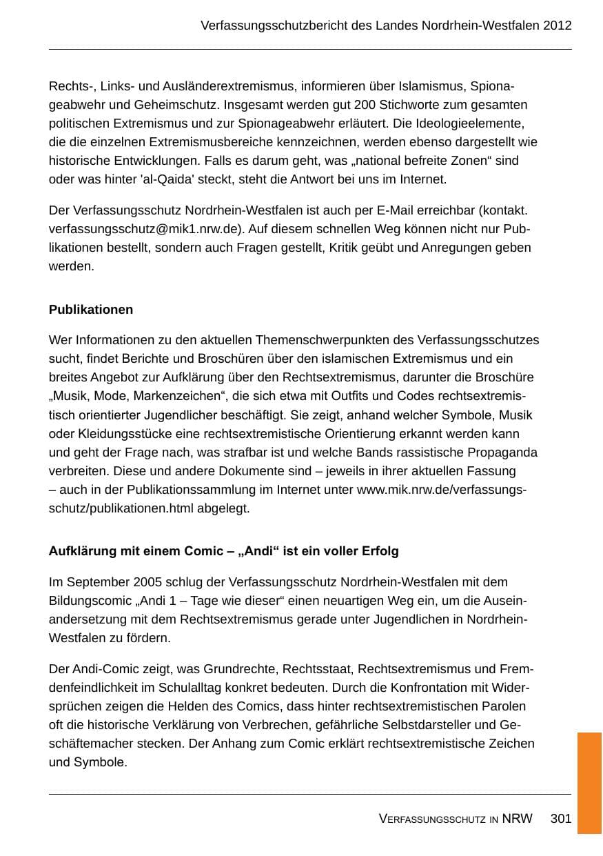 Seite 303 des Verfassungsschutzbericht 2012 Nordrhein-Westfalen