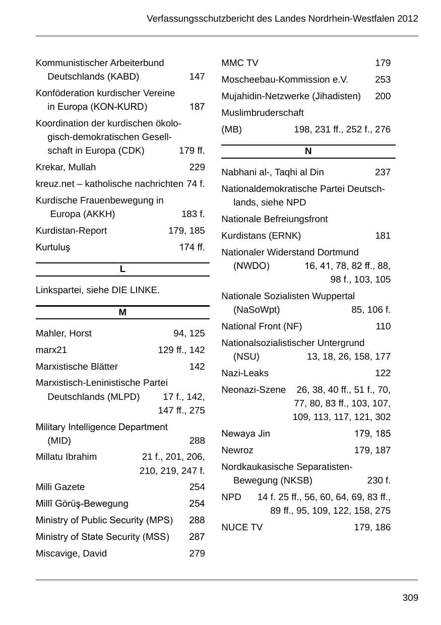 Seite 311 des Verfassungsschutzbericht 2012 Nordrhein-Westfalen