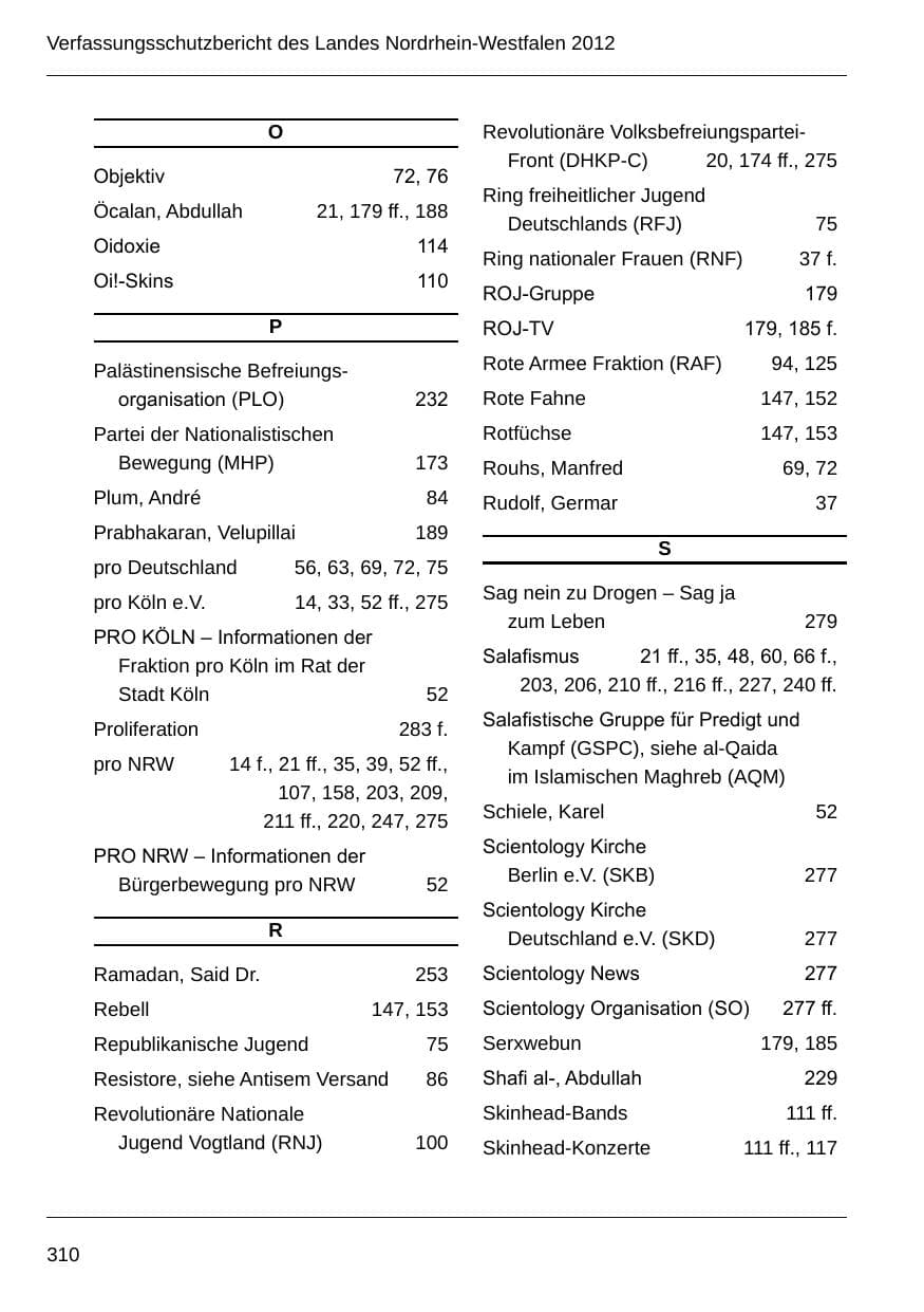 Seite 312 des Verfassungsschutzbericht 2012 Nordrhein-Westfalen