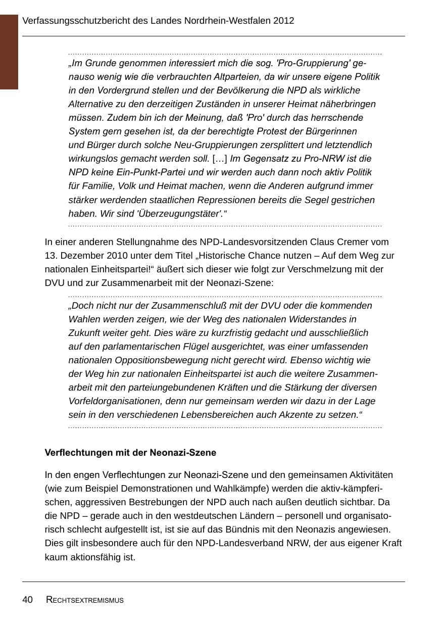 Seite 42 des Verfassungsschutzbericht 2012 Nordrhein-Westfalen