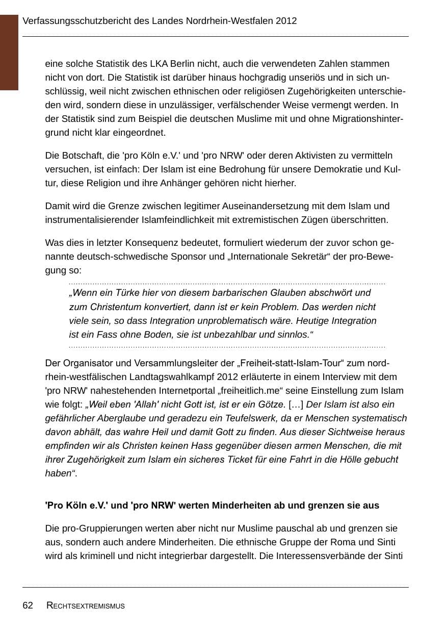 Seite 64 des Verfassungsschutzbericht 2012 Nordrhein-Westfalen