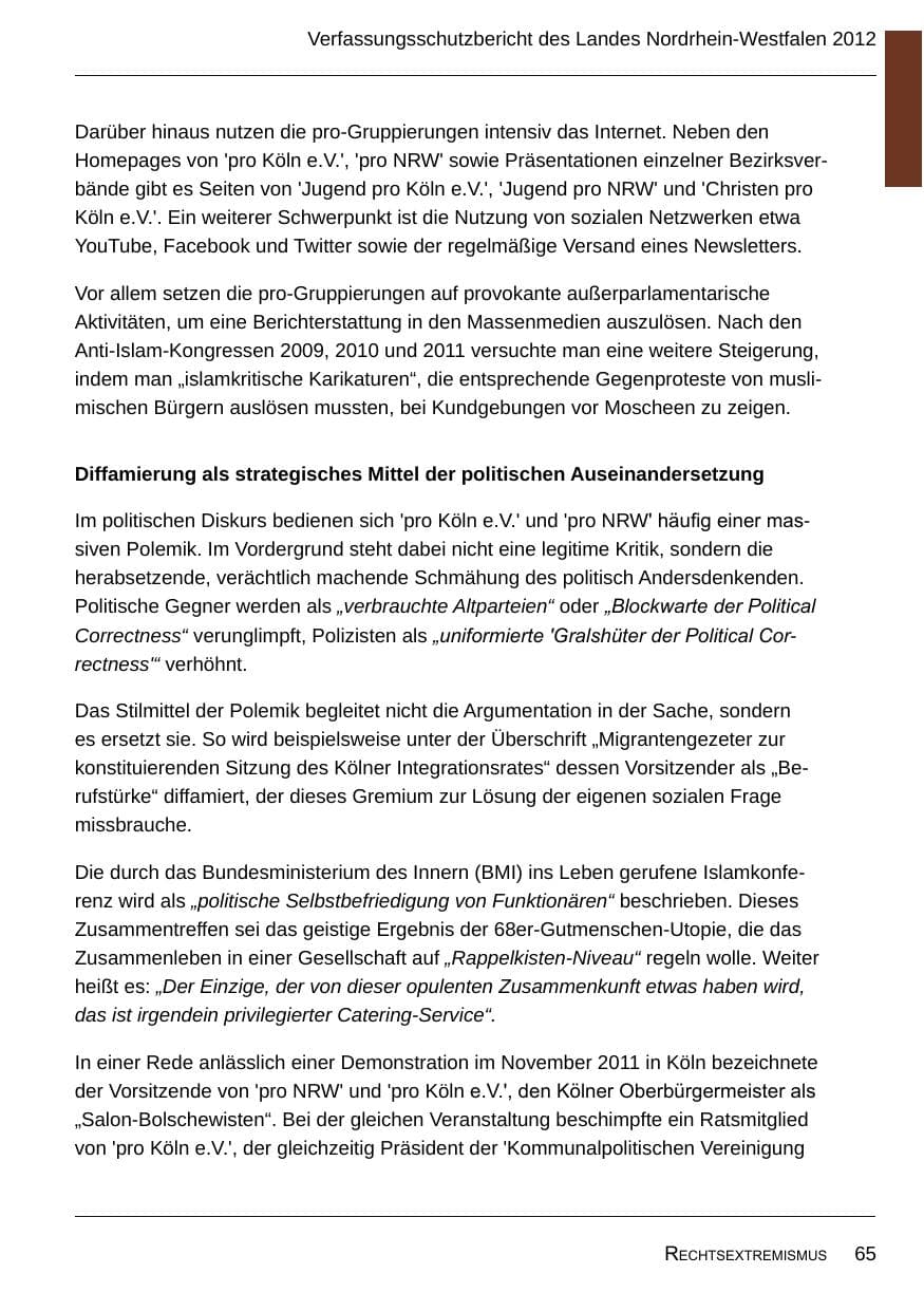 Seite 67 des Verfassungsschutzbericht 2012 Nordrhein-Westfalen