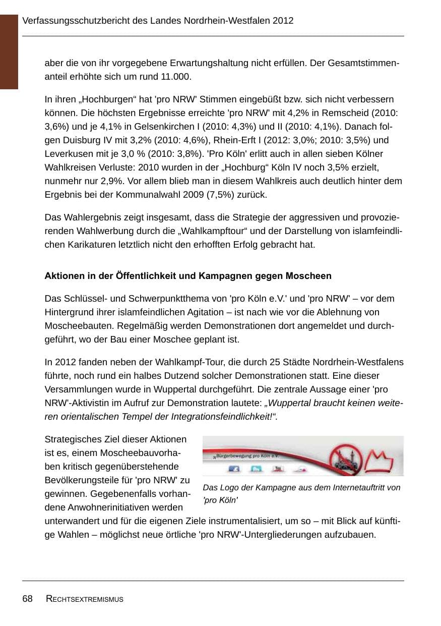 Seite 70 des Verfassungsschutzbericht 2012 Nordrhein-Westfalen