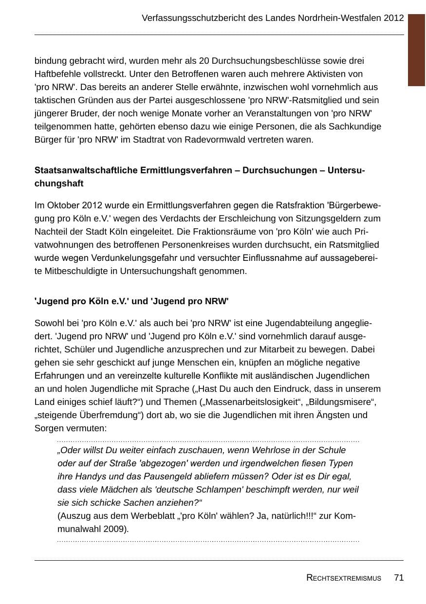 Seite 73 des Verfassungsschutzbericht 2012 Nordrhein-Westfalen