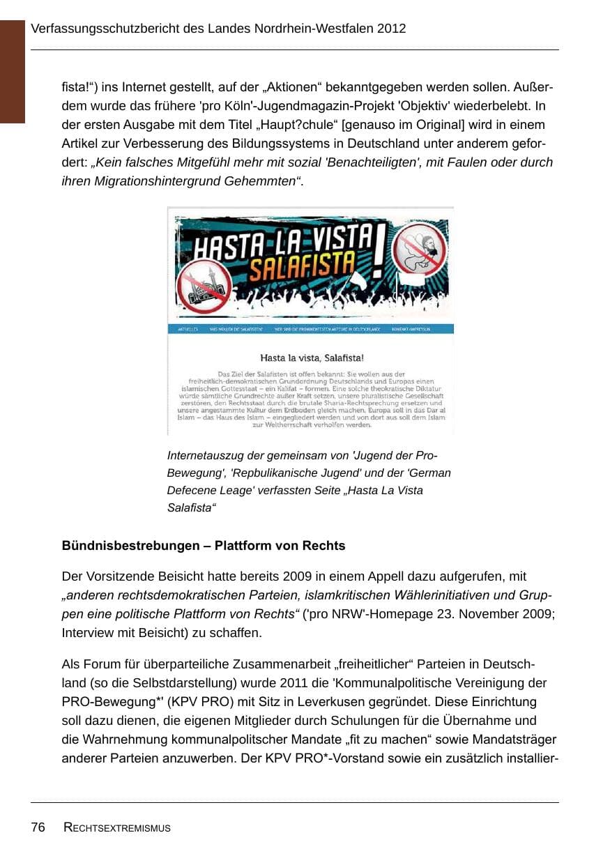 Seite 78 des Verfassungsschutzbericht 2012 Nordrhein-Westfalen