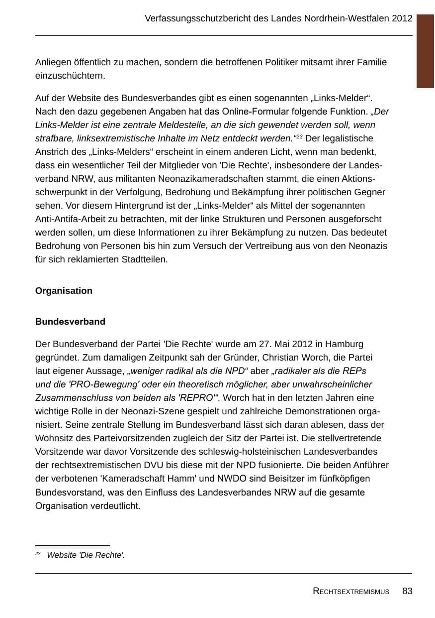 Seite 85 des Verfassungsschutzbericht 2012 Nordrhein-Westfalen
