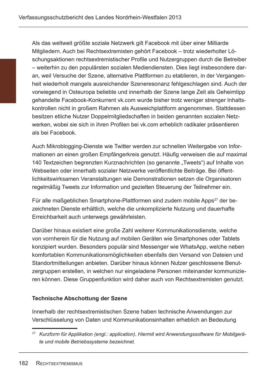 Seite 184 des Verfassungsschutzbericht 2013 Nordrhein-Westfalen