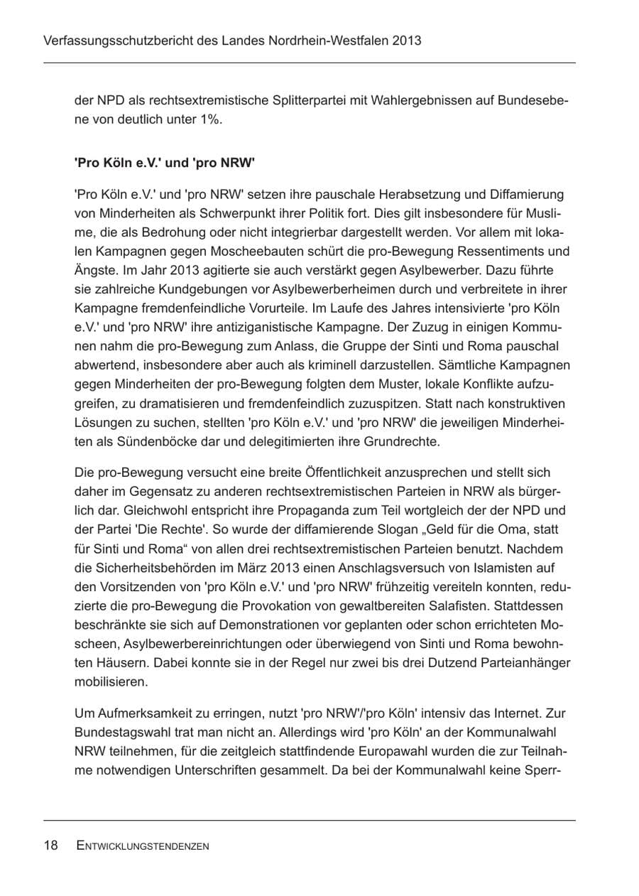 Seite 20 des Verfassungsschutzbericht 2013 Nordrhein-Westfalen