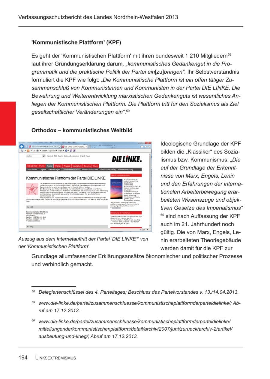 Seite 196 des Verfassungsschutzbericht 2013 Nordrhein-Westfalen