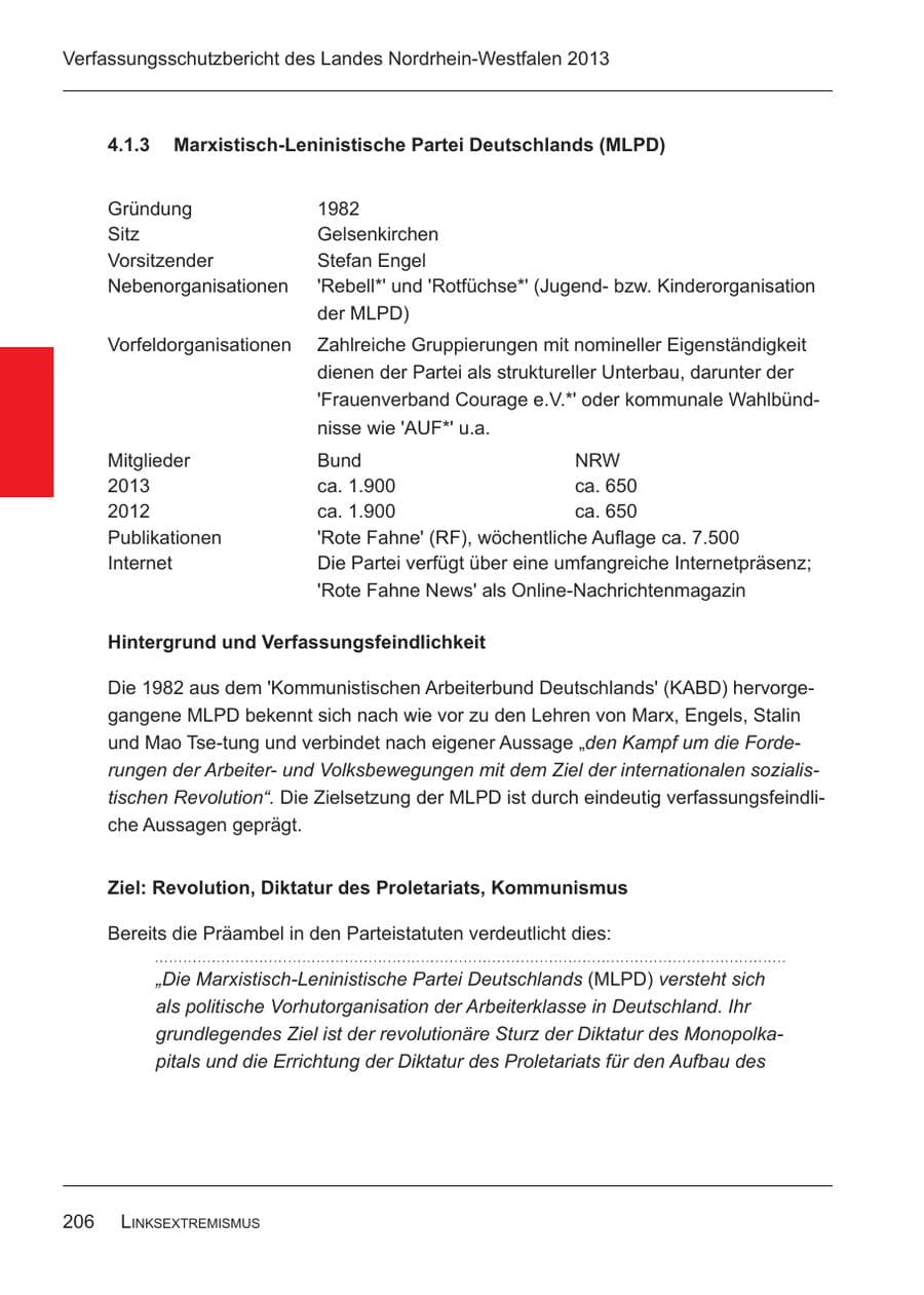 Seite 208 des Verfassungsschutzbericht 2013 Nordrhein-Westfalen