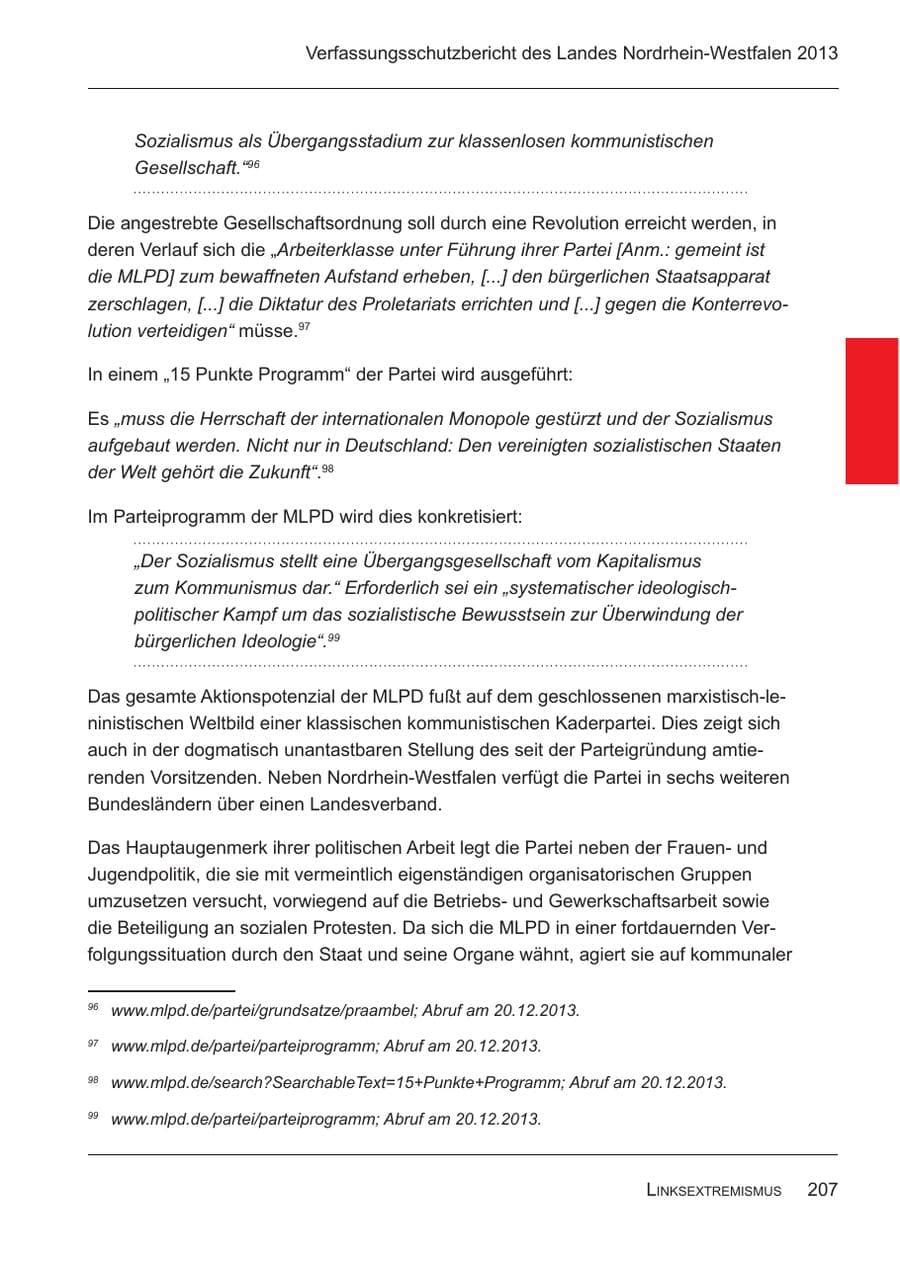 Seite 209 des Verfassungsschutzbericht 2013 Nordrhein-Westfalen