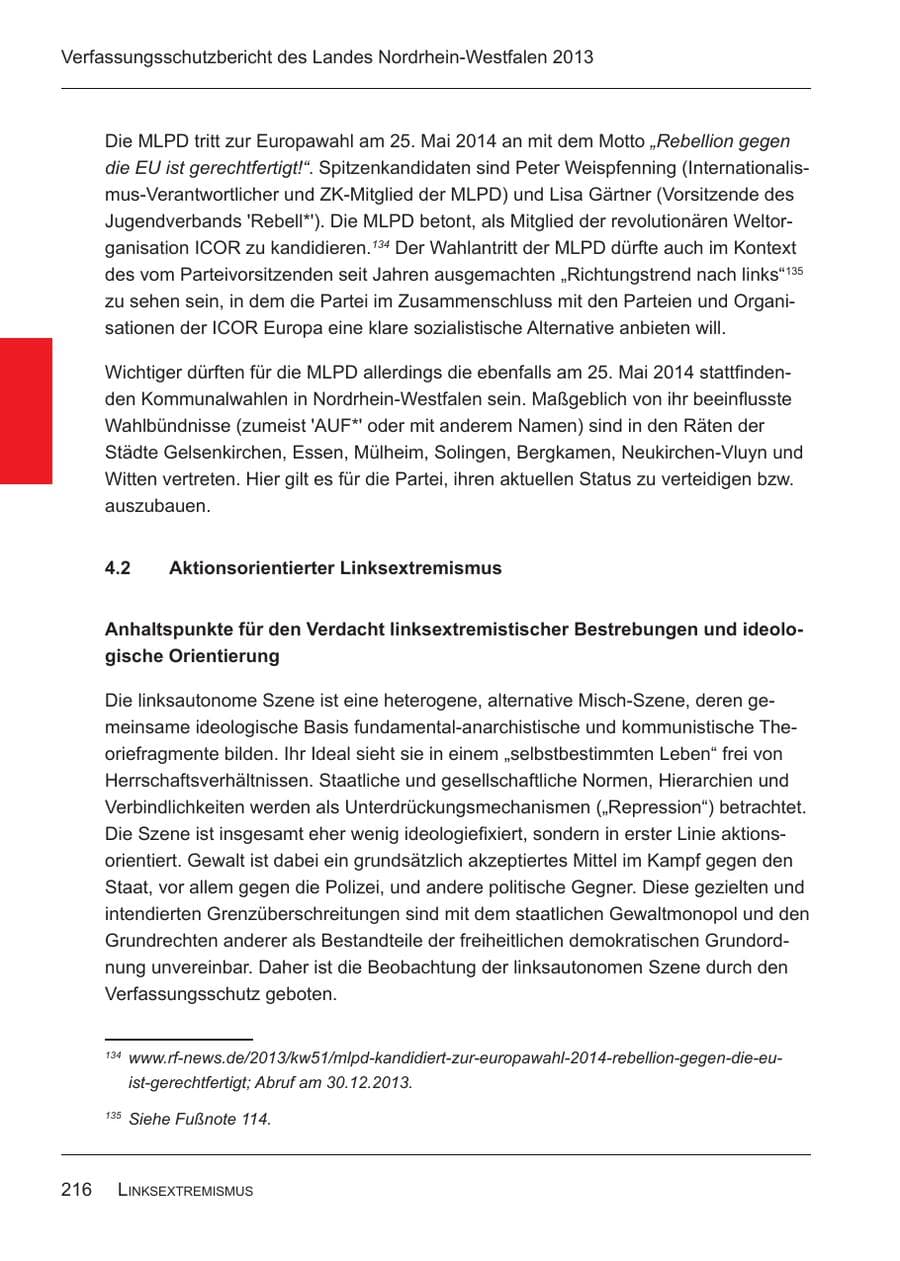 Seite 218 des Verfassungsschutzbericht 2013 Nordrhein-Westfalen
