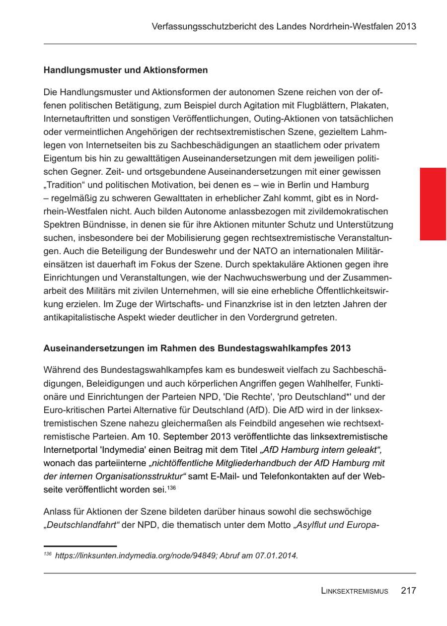 Seite 219 des Verfassungsschutzbericht 2013 Nordrhein-Westfalen