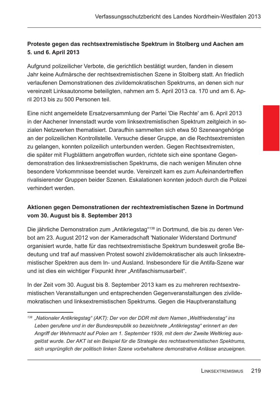 Seite 221 des Verfassungsschutzbericht 2013 Nordrhein-Westfalen