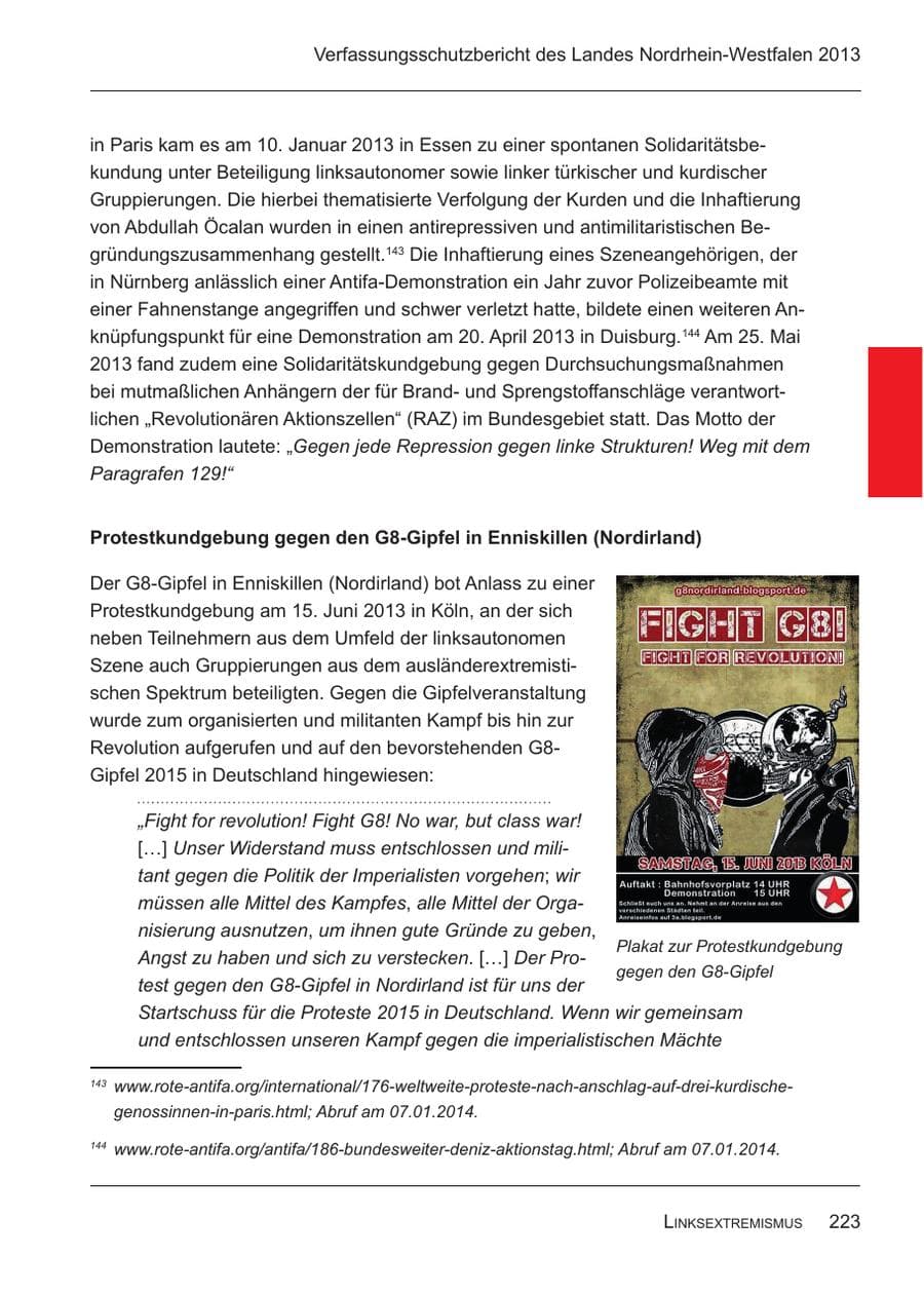 Seite 225 des Verfassungsschutzbericht 2013 Nordrhein-Westfalen