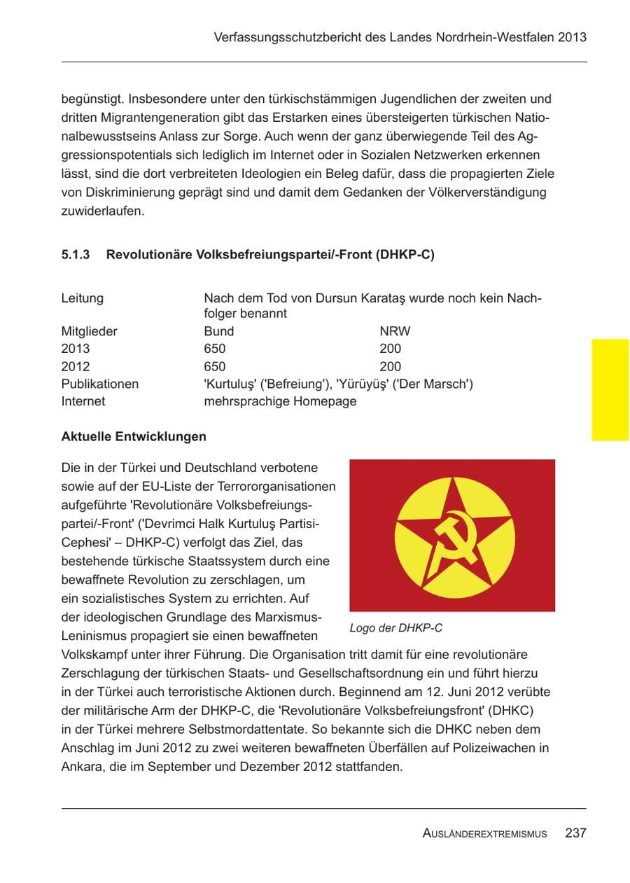 Seite 239 des Verfassungsschutzbericht 2013 Nordrhein-Westfalen