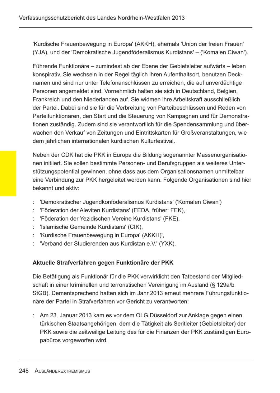 Seite 250 des Verfassungsschutzbericht 2013 Nordrhein-Westfalen