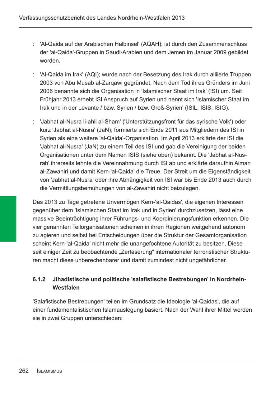 Seite 264 des Verfassungsschutzbericht 2013 Nordrhein-Westfalen