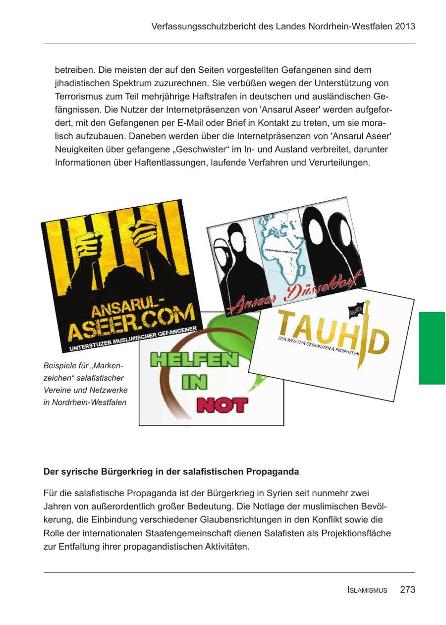 Seite 275 des Verfassungsschutzbericht 2013 Nordrhein-Westfalen