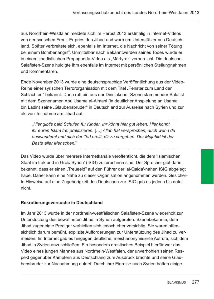 Seite 279 des Verfassungsschutzbericht 2013 Nordrhein-Westfalen