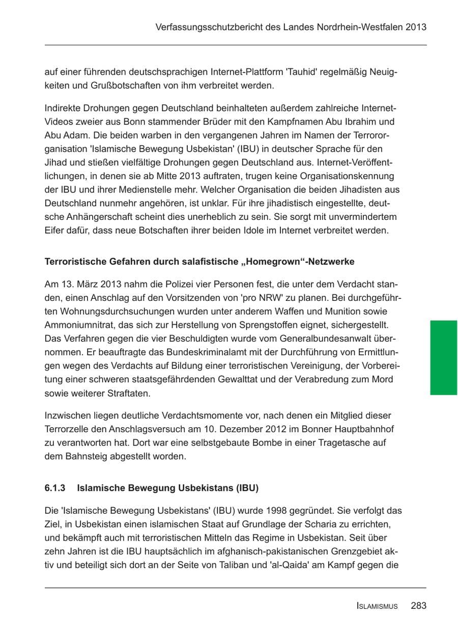 Seite 285 des Verfassungsschutzbericht 2013 Nordrhein-Westfalen