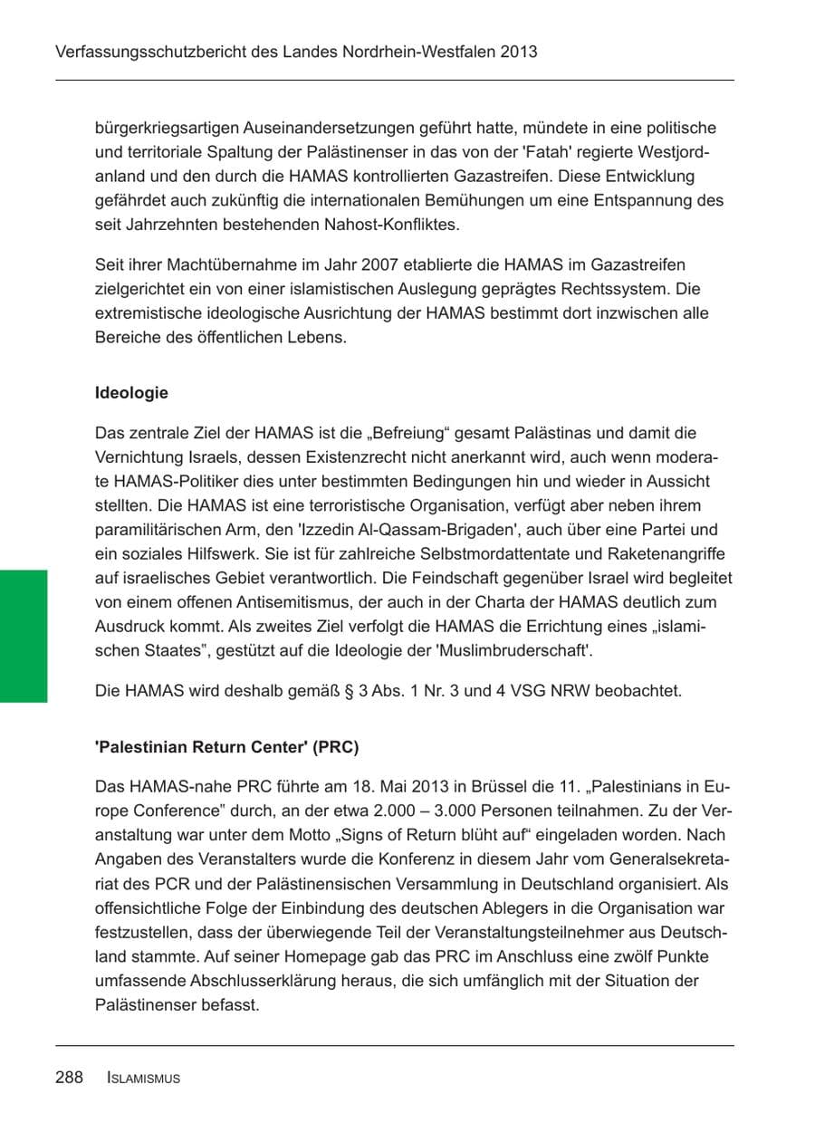Seite 290 des Verfassungsschutzbericht 2013 Nordrhein-Westfalen