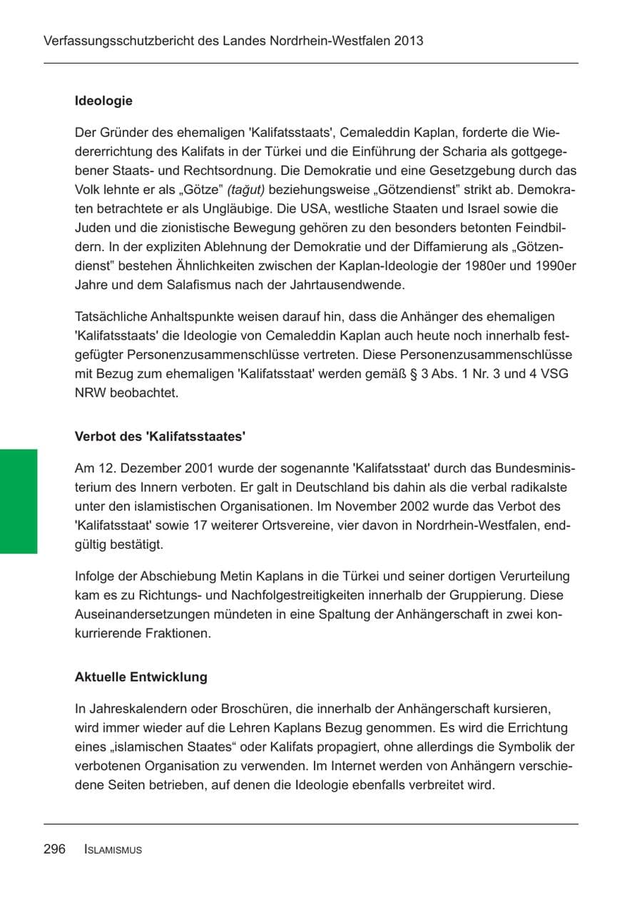 Seite 298 des Verfassungsschutzbericht 2013 Nordrhein-Westfalen
