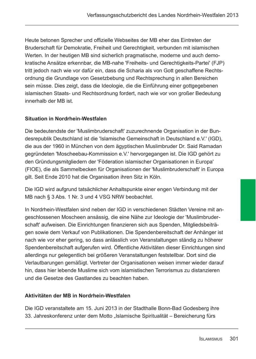 Seite 303 des Verfassungsschutzbericht 2013 Nordrhein-Westfalen