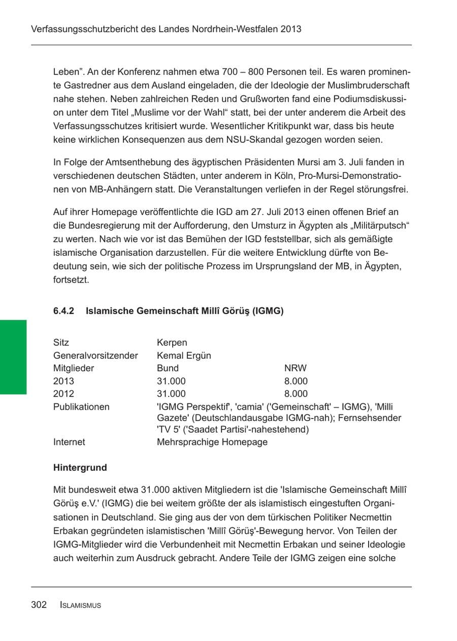 Seite 304 des Verfassungsschutzbericht 2013 Nordrhein-Westfalen