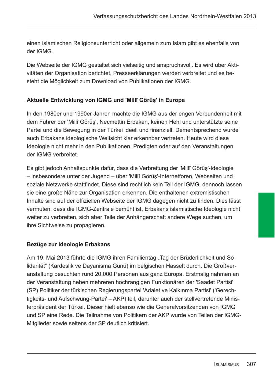 Seite 309 des Verfassungsschutzbericht 2013 Nordrhein-Westfalen