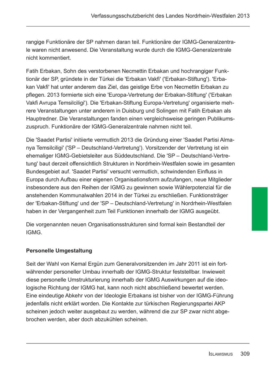 Seite 311 des Verfassungsschutzbericht 2013 Nordrhein-Westfalen