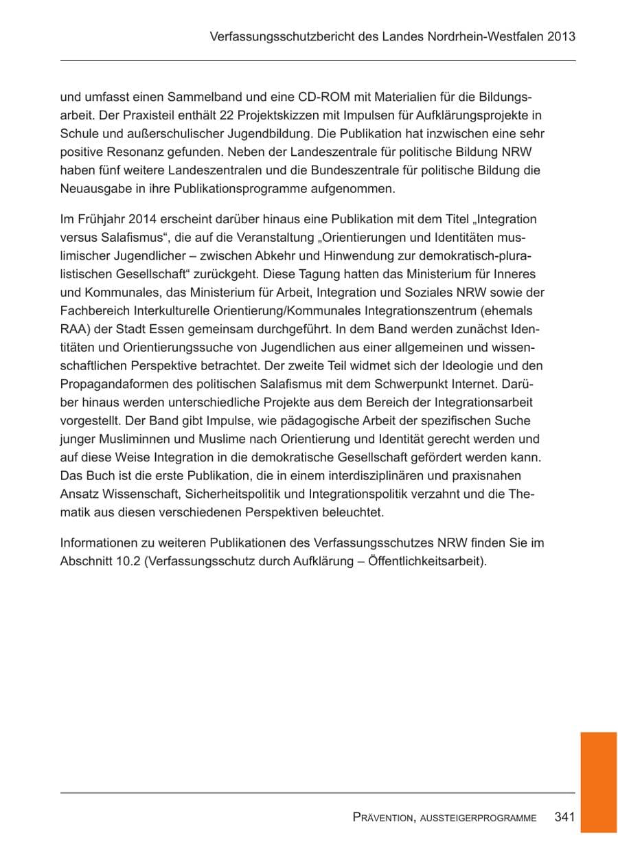 Seite 343 des Verfassungsschutzbericht 2013 Nordrhein-Westfalen