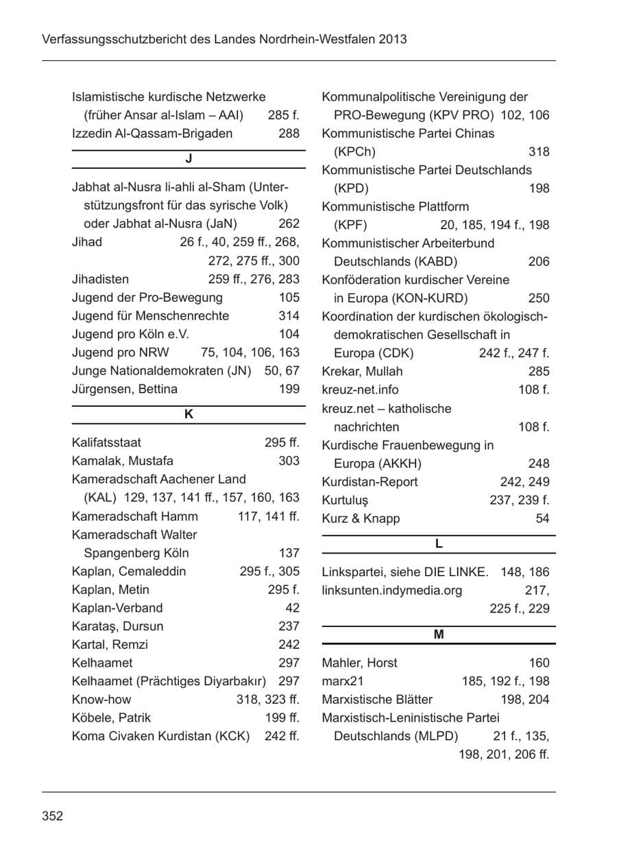 Seite 354 des Verfassungsschutzbericht 2013 Nordrhein-Westfalen